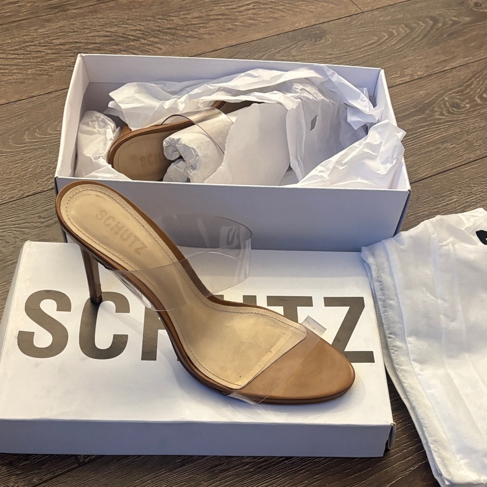 SCHUTZ Tan and Clear Strap Heels